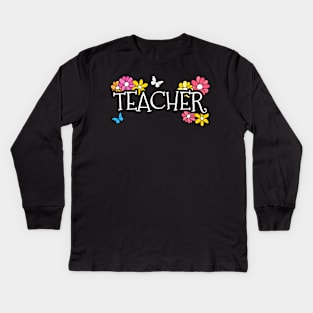 Mothers Day 2022 Teacher Flowers Butterflies Spring Kids Long Sleeve T-Shirt